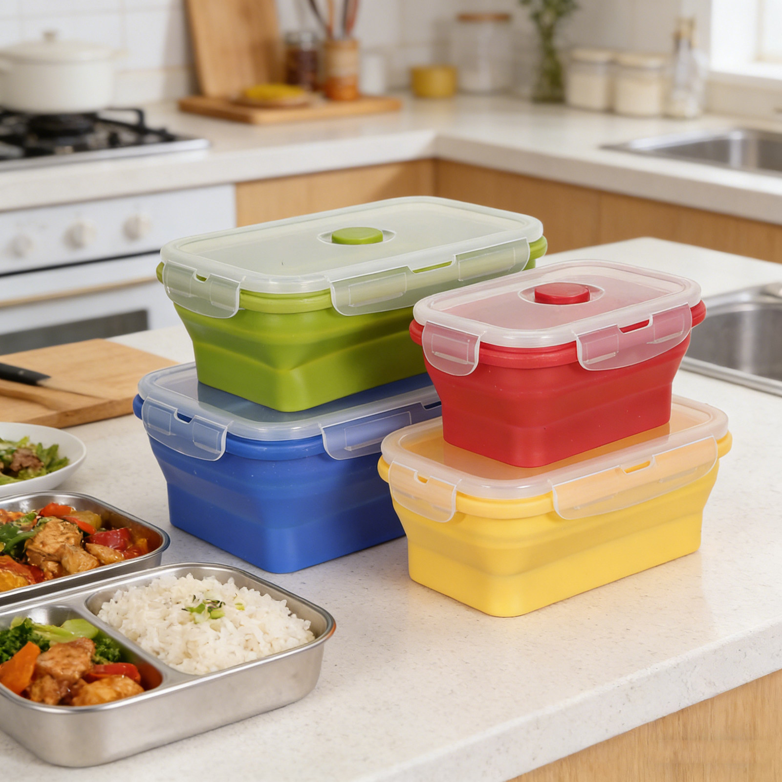 4Pcs Foldable Silicone Lunch B - Food Storage Camping ulasan dan harga